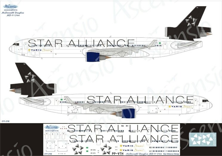 Ascensio 011-016 Декаль на самолет McDonnell Douglas MD-11 Star Alliance (Varig) 1/144